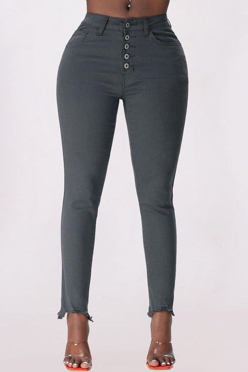Plain High Waist Buttons Frayed Cropped Denim Jeans