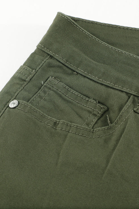 Plain High Waist Buttons Frayed Cropped Denim Jeans