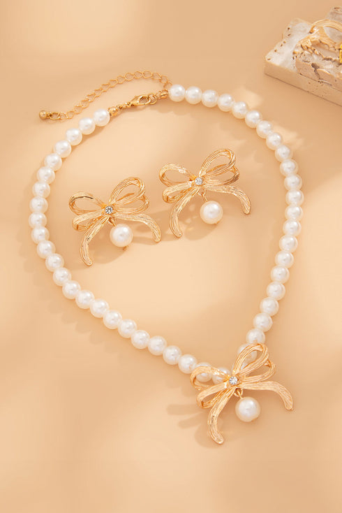 Plated Rhinestone Bow Imitation Pearl Necklace Earring Set