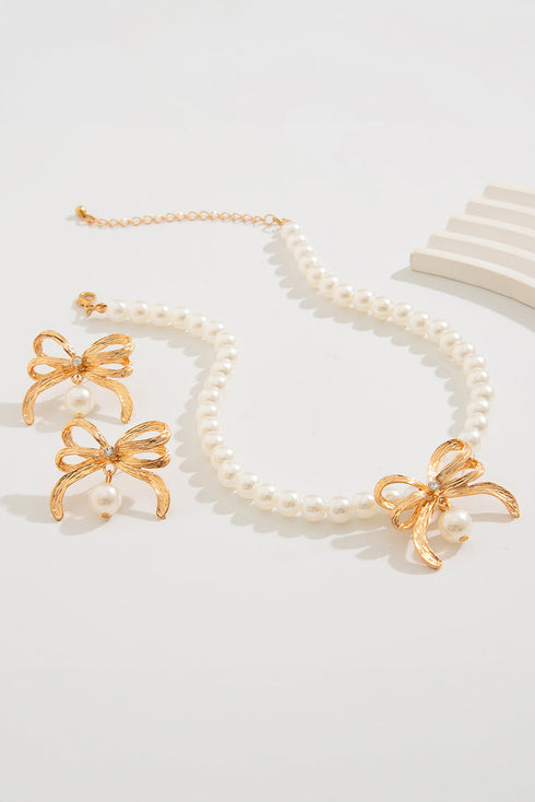 Plated Rhinestone Bow Imitation Pearl Necklace Earring Set