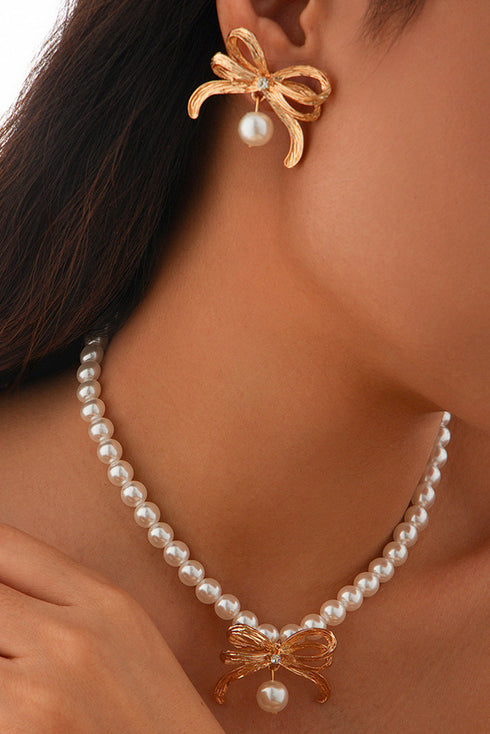 Plated Rhinestone Bow Imitation Pearl Necklace Earring Set