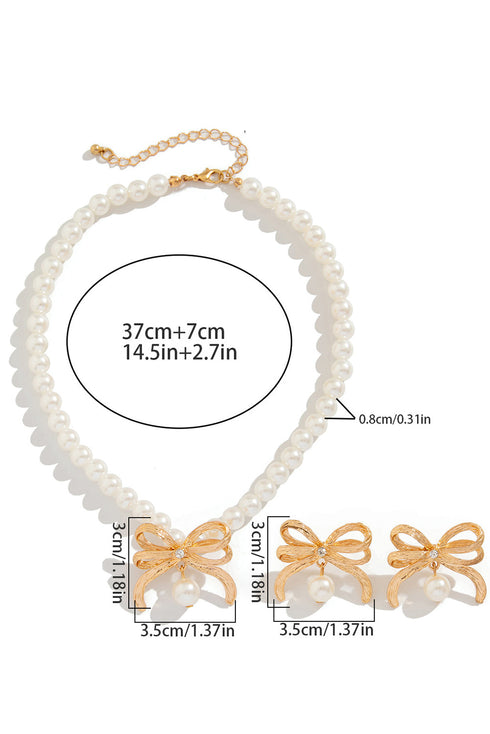 Plated Rhinestone Bow Imitation Pearl Necklace Earring Set