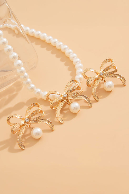 Plated Rhinestone Bow Imitation Pearl Necklace Earring Set