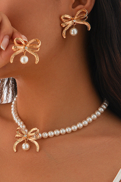 Plated Rhinestone Bow Imitation Pearl Necklace Earring Set