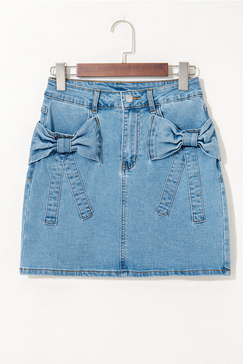 Playful Bow Detail High Waist Washed Denim Mini Skirt