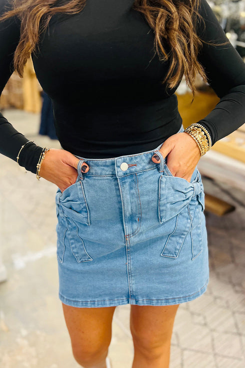 Playful Bow Detail High Waist Washed Denim Mini Skirt