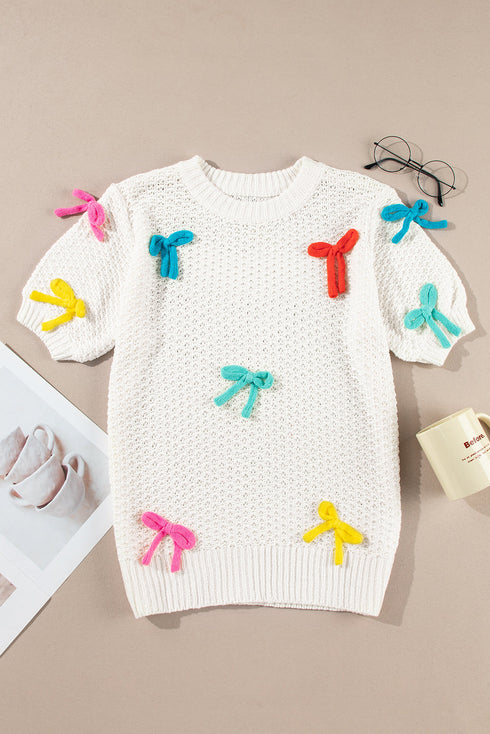 Playful Bow Embellished Short Sleeve Knit Sweater