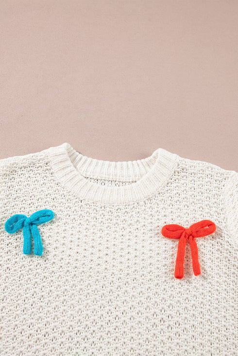 Playful Bow Embellished Short Sleeve Knit Sweater