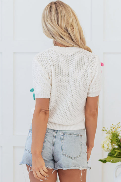 Playful Bow Embellished Short Sleeve Knit Sweater