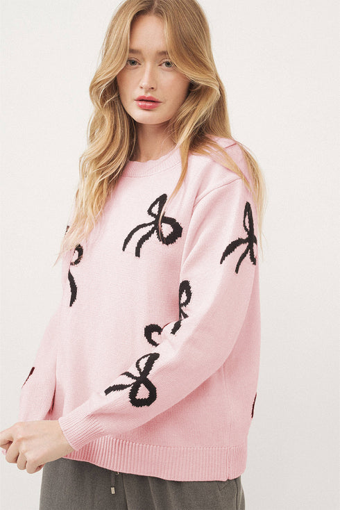 Playful Bow Motif Long Sleeve Knit Sweater