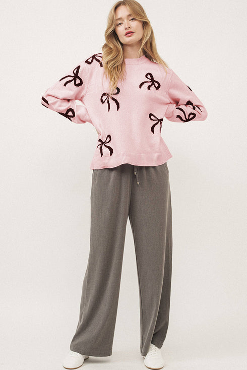 Playful Bow Motif Long Sleeve Knit Sweater