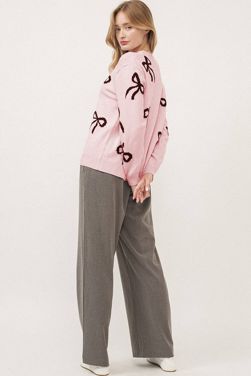 Playful Bow Motif Long Sleeve Knit Sweater