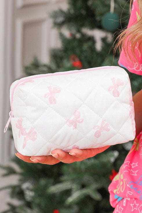 Playful Bow Print Quilted Zipper Makeup Bag