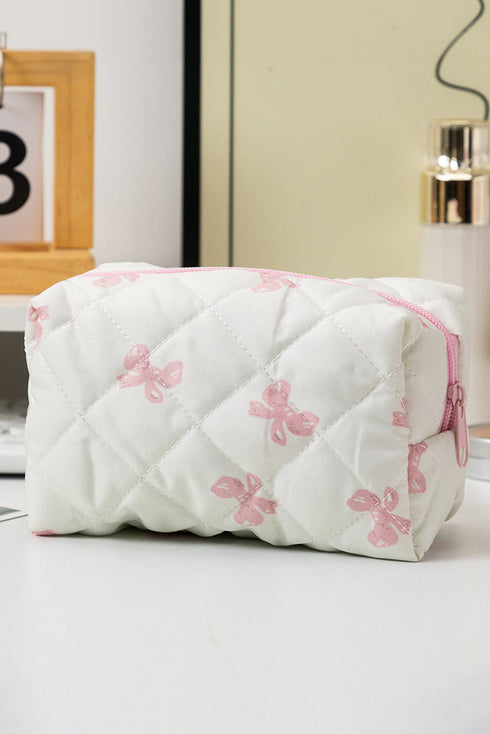 Playful Bow Print Quilted Zipper Makeup Bag