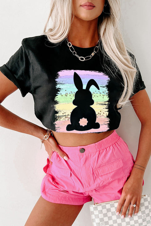 Playful Bunny Graphic Splatter Print Crew Neck Tee
