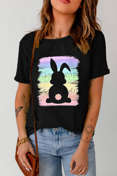 Playful Bunny Graphic Splatter Print Crew Neck Tee