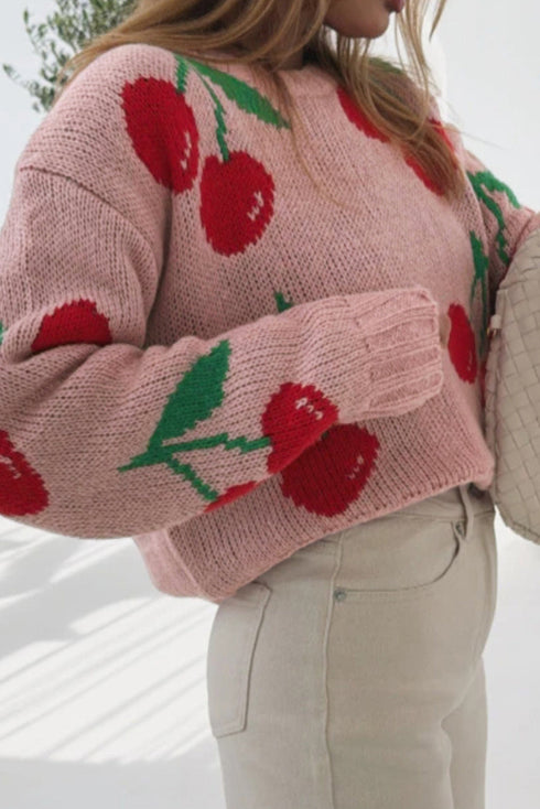 Playful Cherry Pattern Cropped Crew Neck Sweater