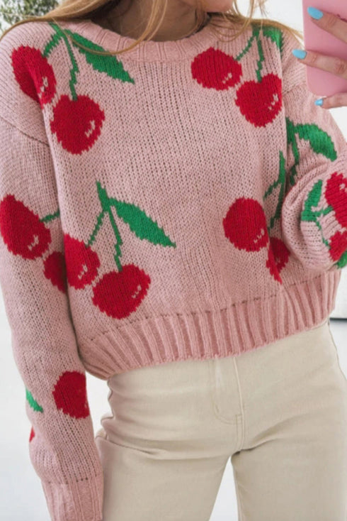 Playful Cherry Pattern Cropped Crew Neck Sweater