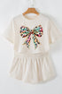 Playful Colorful Leopard Bow Graphic Tee Elastic Waist Flared Skort Set