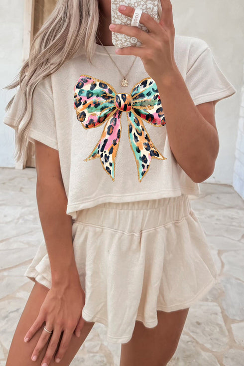 Playful Colorful Leopard Bow Graphic Tee Elastic Waist Flared Skort Set