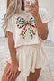 Playful Colorful Leopard Bow Graphic Tee Elastic Waist Flared Skort Set