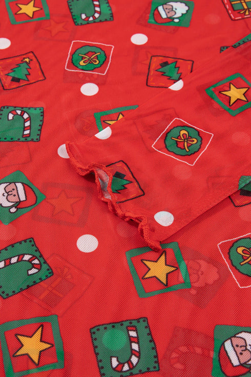 Playful Festive Element Print Sheer Mesh Top