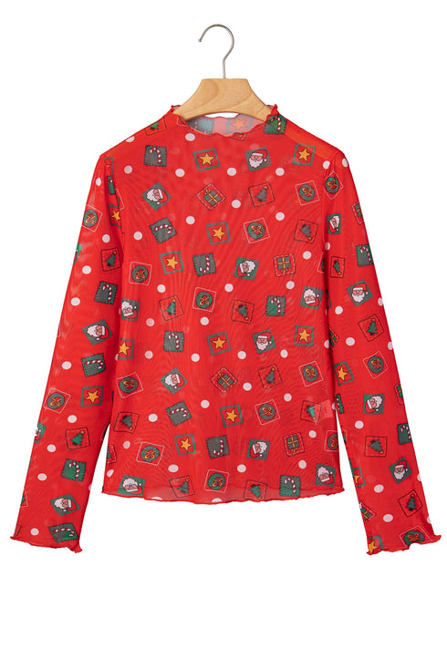Playful Festive Element Print Sheer Mesh Top