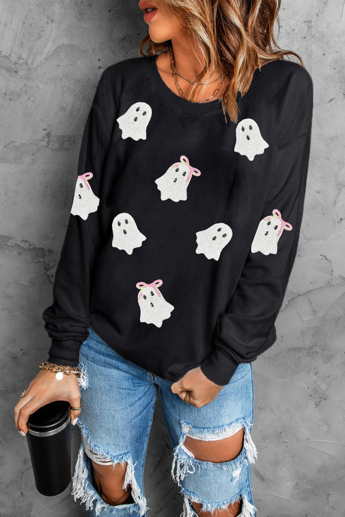 Playful Ghost Applique Crew Neck Pullover Sweatshirt