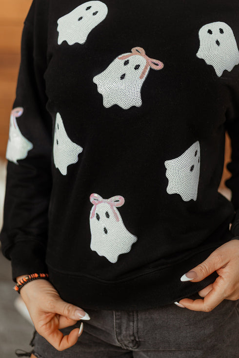 Playful Ghost Applique Crew Neck Pullover Sweatshirt