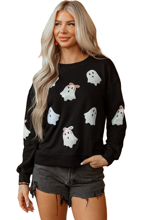 Playful Ghost Applique Crew Neck Pullover Sweatshirt