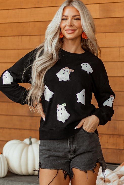 Playful Ghost Applique Crew Neck Pullover Sweatshirt
