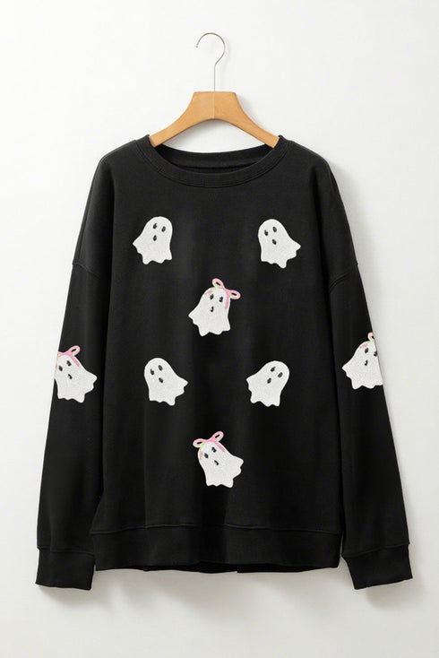 Playful Ghost Applique Crew Neck Pullover Sweatshirt