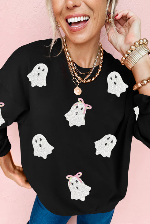 Playful Ghost Applique Crew Neck Pullover Sweatshirt