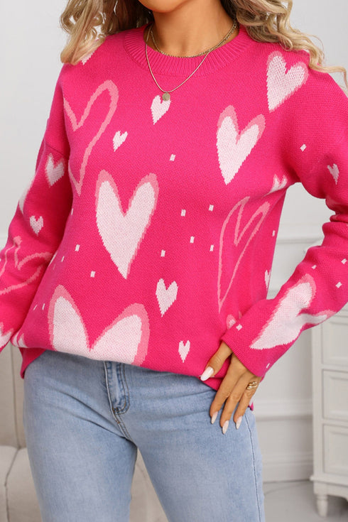 Playful Graphic Heart Print Crew Neck Knit Sweater