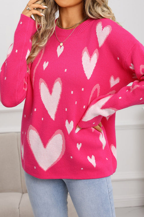 Playful Graphic Heart Print Crew Neck Knit Sweater