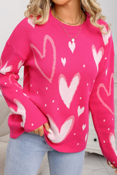 Playful Graphic Heart Print Crew Neck Knit Sweater