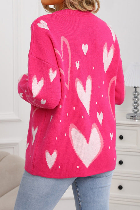 Playful Graphic Heart Print Crew Neck Knit Sweater