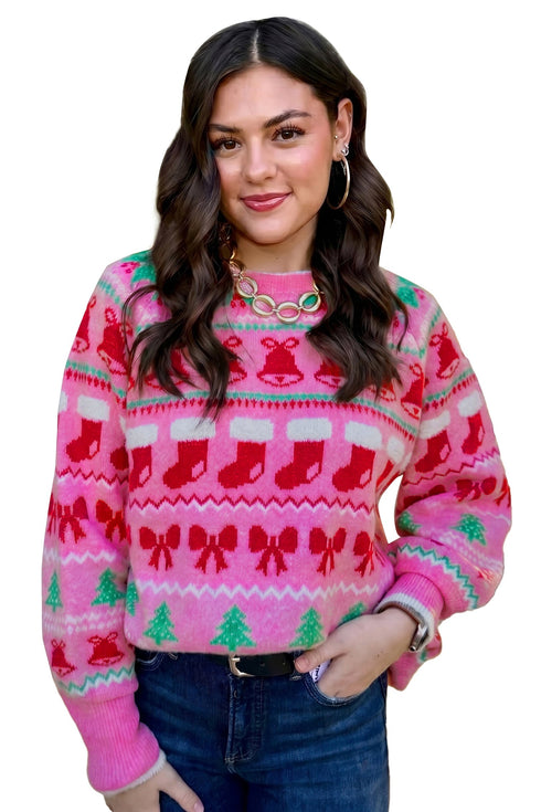 Playful Graphic Round Neck Retro Inspired Knit Sweater