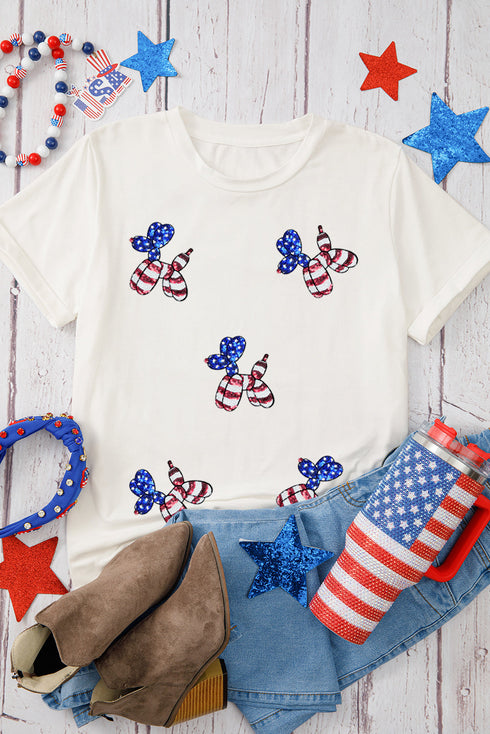 Playful Patriotic Pup Sequin Stars Stripes Graphic Crewneck Tee