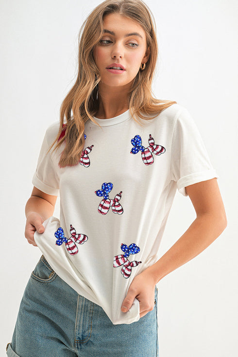 Playful Patriotic Pup Sequin Stars Stripes Graphic Crewneck Tee