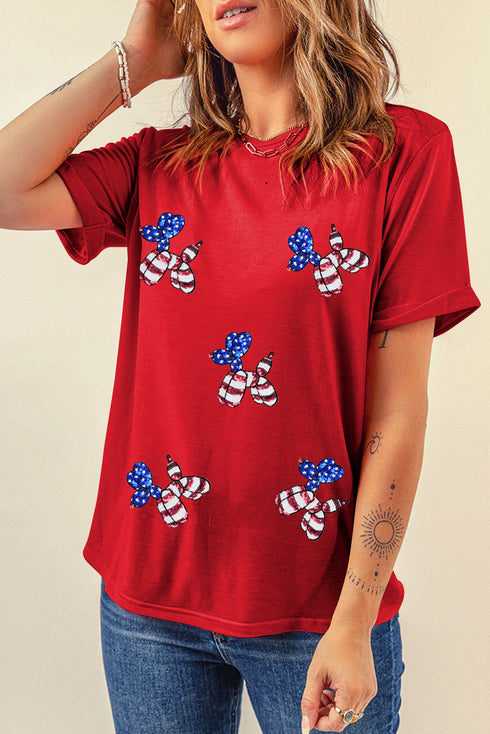 Playful Patriotic Pup Sequin Stars Stripes Graphic Crewneck Tee