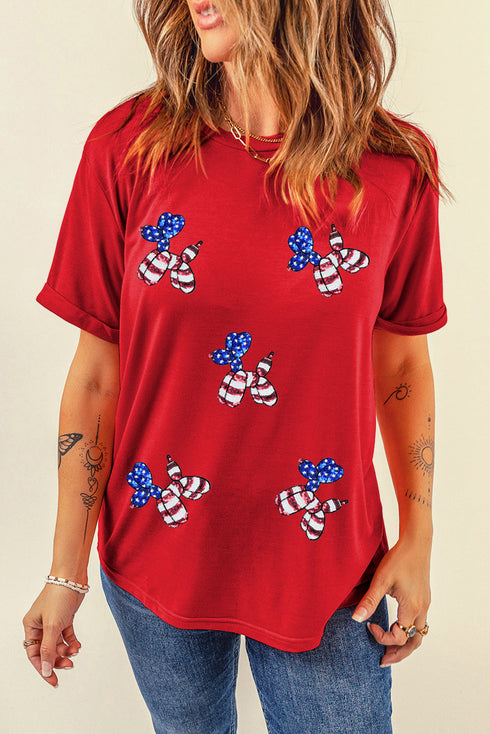 Playful Patriotic Pup Sequin Stars Stripes Graphic Crewneck Tee