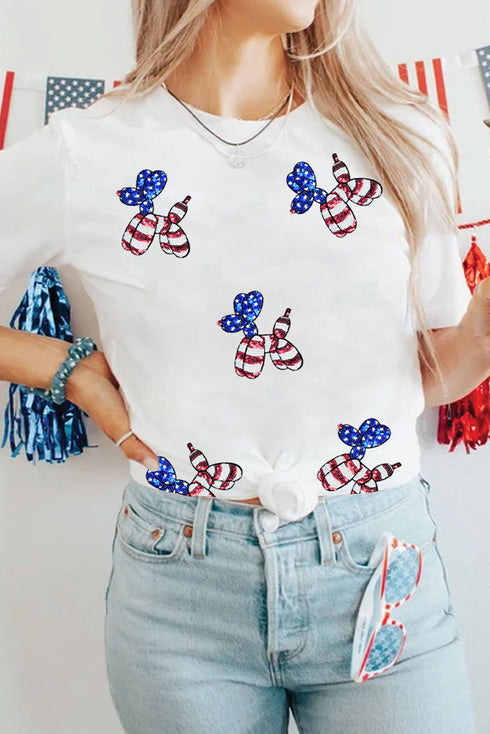 Playful Patriotic Pup Sequin Stars Stripes Graphic Crewneck Tee