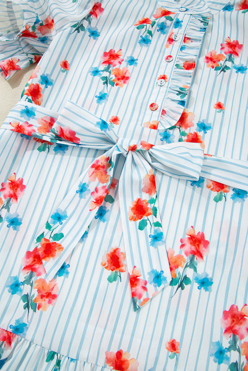 Playful Print Mix Ruffle Sleeve Tie Waist V Neck Mini Dress