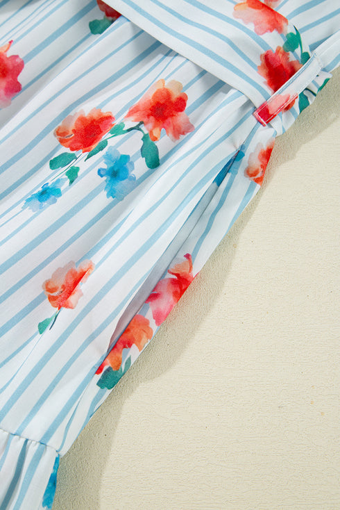 Playful Print Mix Ruffle Sleeve Tie Waist V Neck Mini Dress