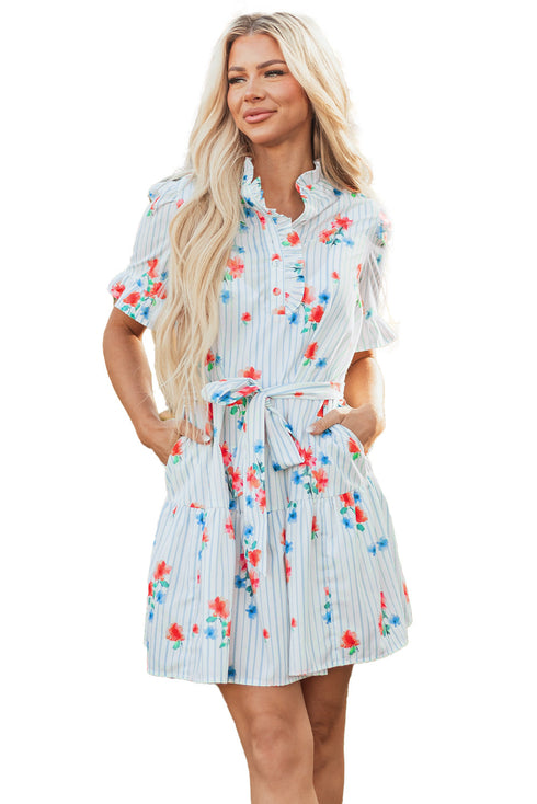 Playful Print Mix Ruffle Sleeve Tie Waist V Neck Mini Dress