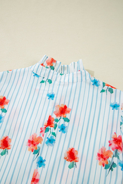 Playful Print Mix Ruffle Sleeve Tie Waist V Neck Mini Dress