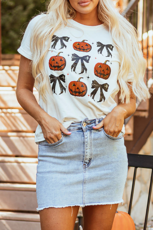 Playful Pumpkin And Bow Graphic Print Crew Neck Tee