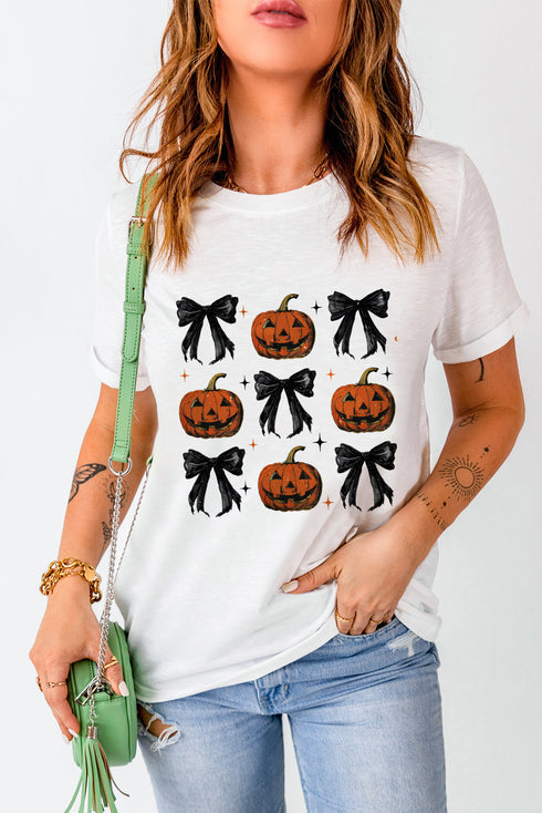 Playful Pumpkin And Bow Graphic Print Crew Neck Tee
