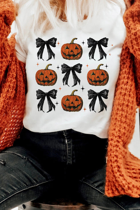 Playful Pumpkin And Bow Graphic Print Crew Neck Tee
